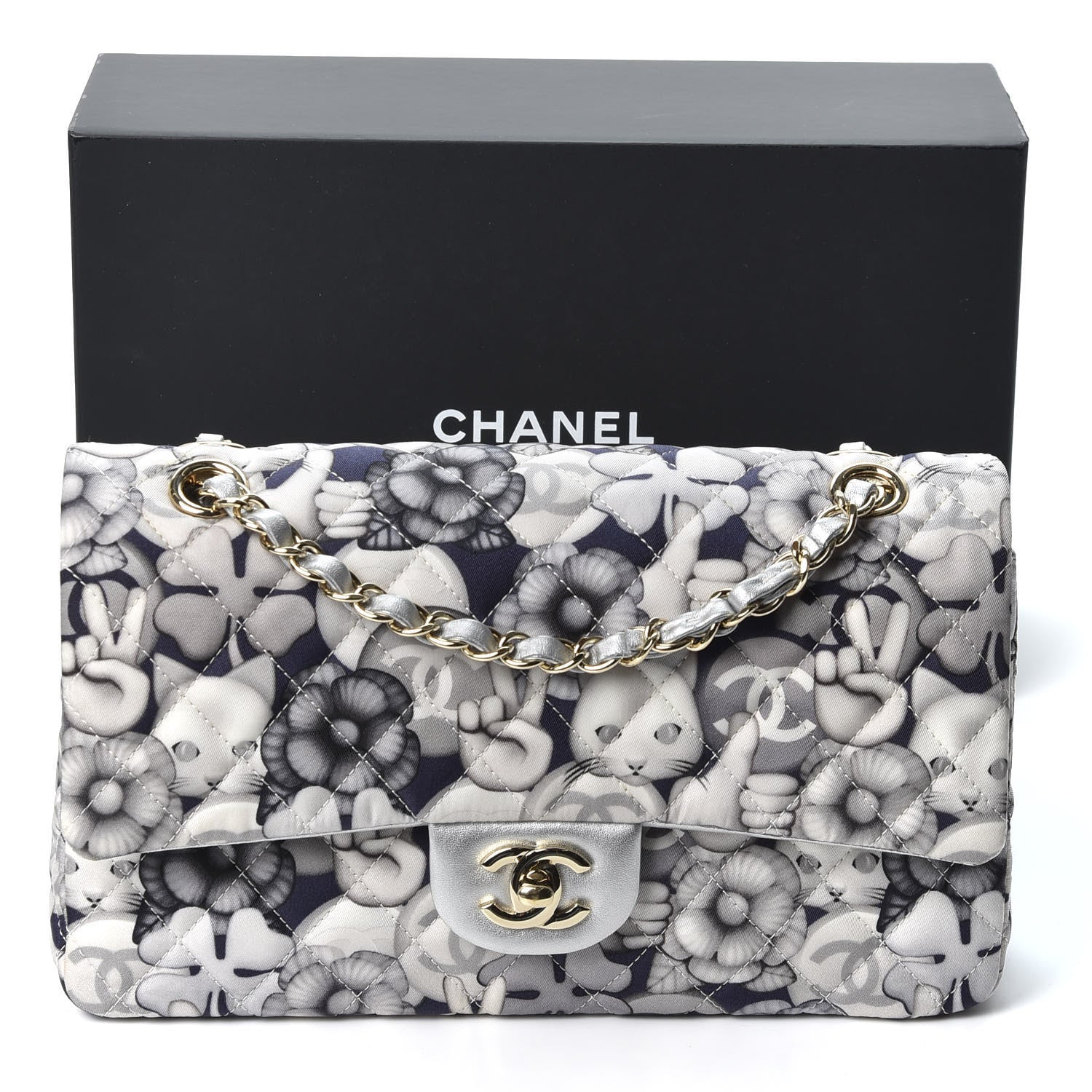 Chanel Nylon Quilted Medium Cat Emoticon Double Flap Navy Grey Ecru 10 of 10
