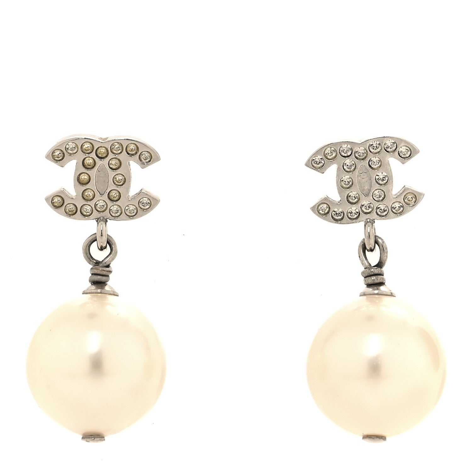 Chanel Crystal Pearl CC Drop Earrings Silver Pearly White 1 of 5