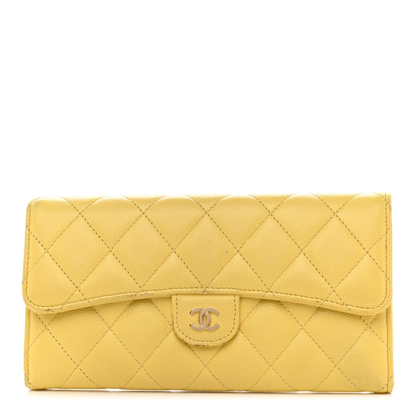 Caviar Quilted Large Gusset Flap Wallet Yellow