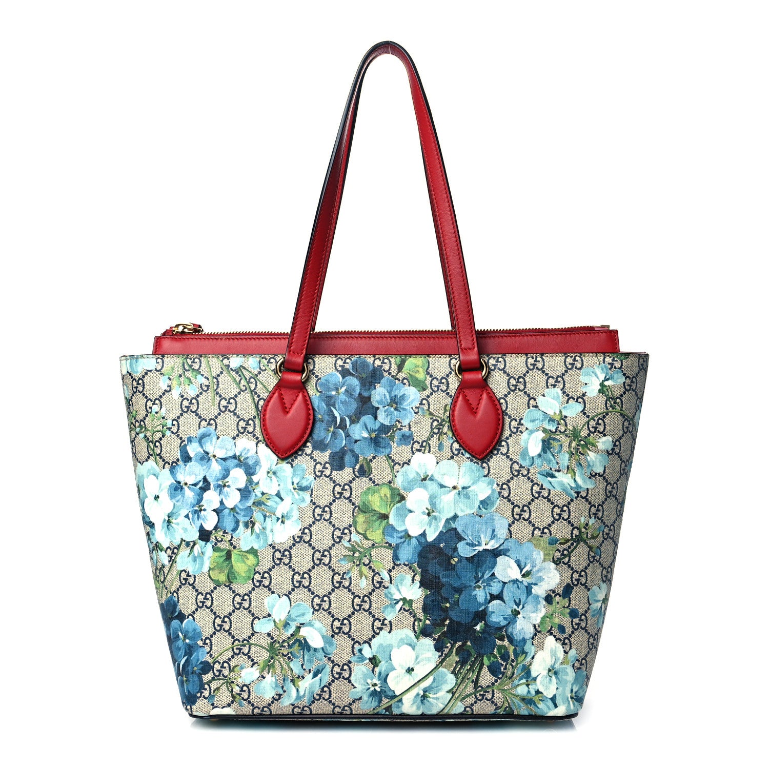 Gucci GG Supreme Monogram Blooms Medium Zippered Bucket Tote Beige Blue Navy Hibiscus Red 1 of 14