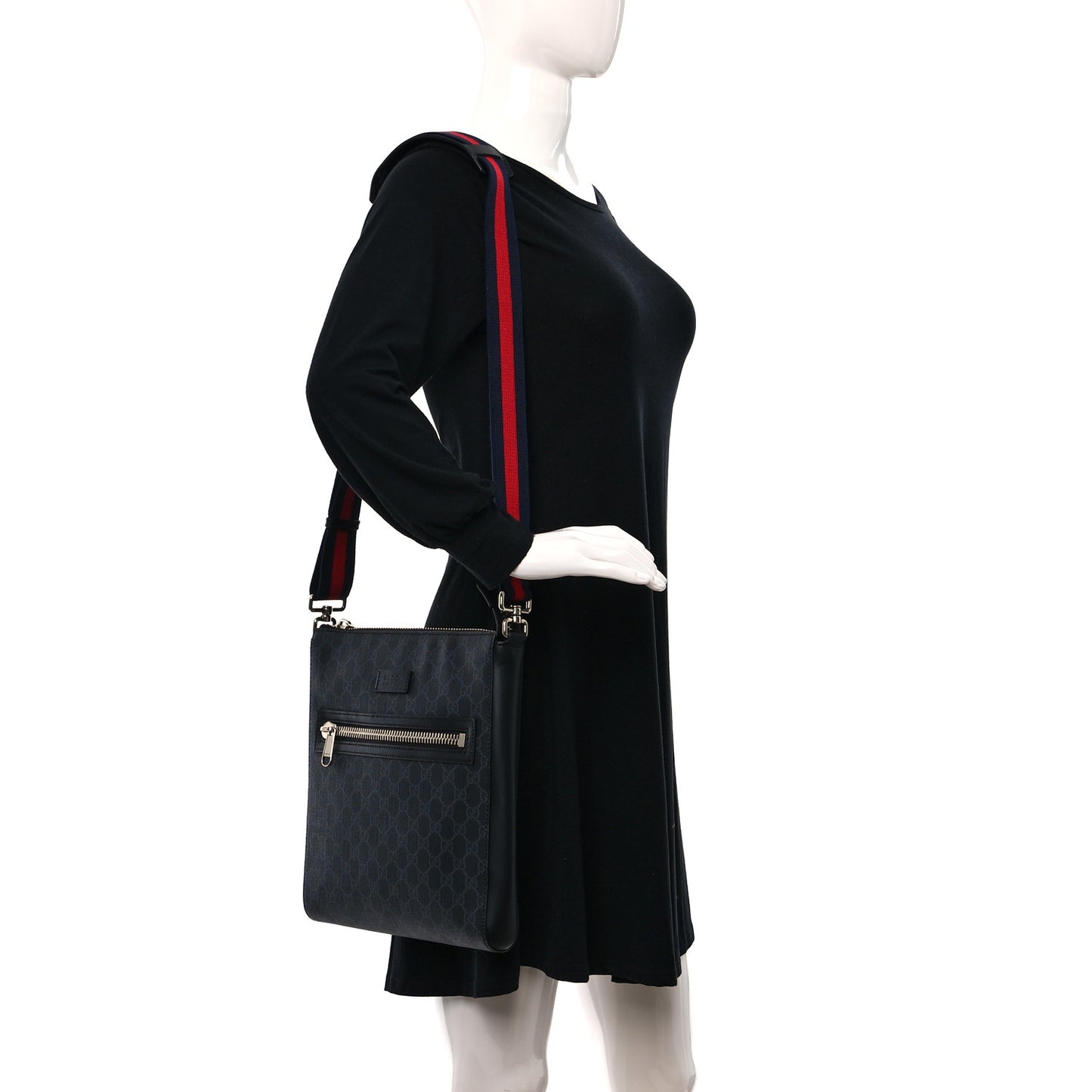 GG Supreme Monogram Appia Calfskin Web Flat Messenger Bag Black Grey