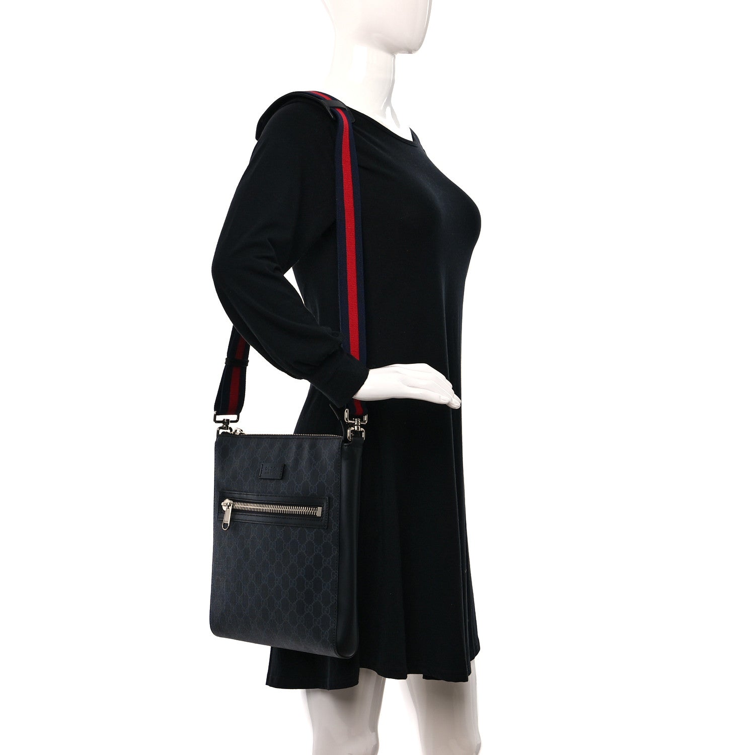 Gucci GG Supreme Monogram Appia Calfskin Web Flat Messenger Bag Black Grey 2 of 9