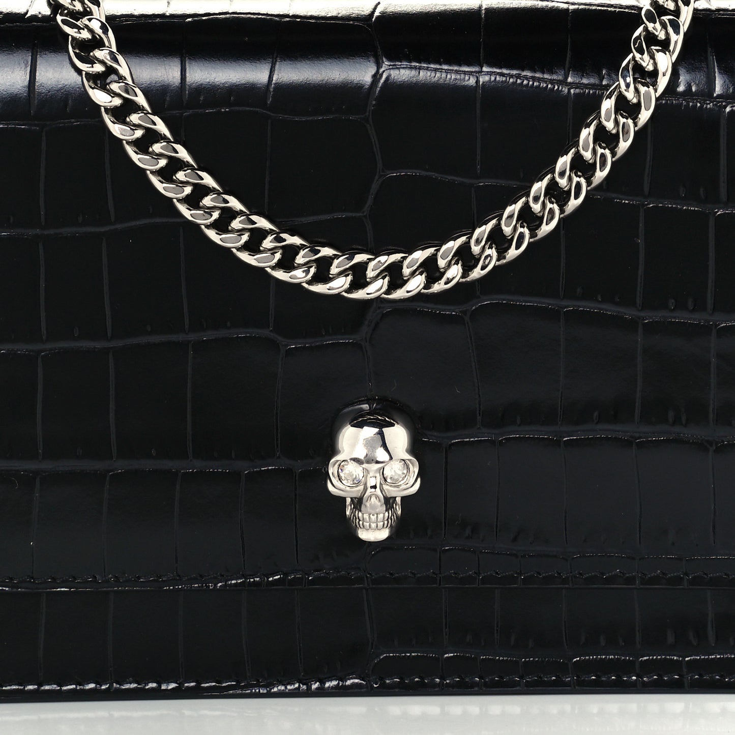 Calfskin Crocodile Embossed Skull Mini Crossbody Bag Black