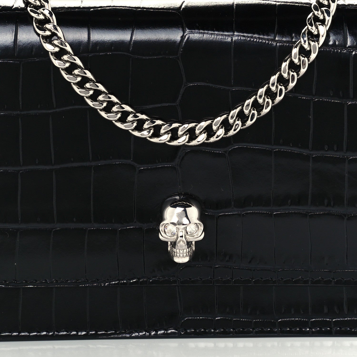 Alexander McQueen Calfskin Crocodile Embossed Skull Mini Crossbody Bag Black 7 of 9
