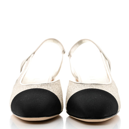 Chanel Glitter Grosgrain Cap Toe CC Slingback Pumps 39 Gold Black 2 of 9