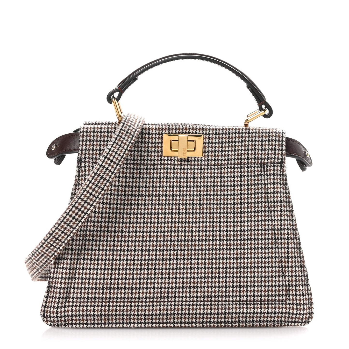 Wool Fabric Jacquard Cuoio Small Houndstooth FF 1974 Petite Peekaboo I SEE U Satchel Grigio Anthracite