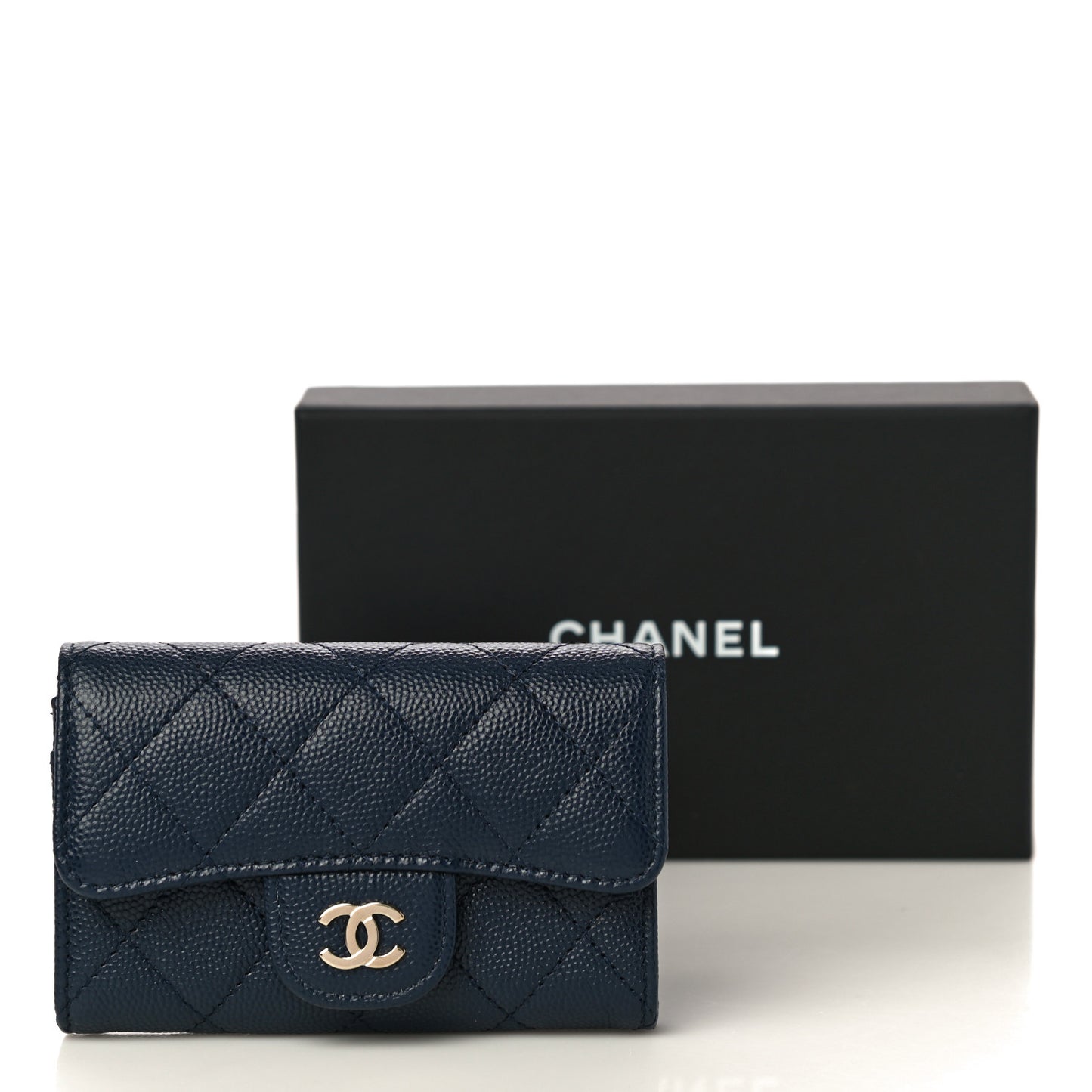 Caviar Quilted Flap Card Holder Wallet Navy Blue