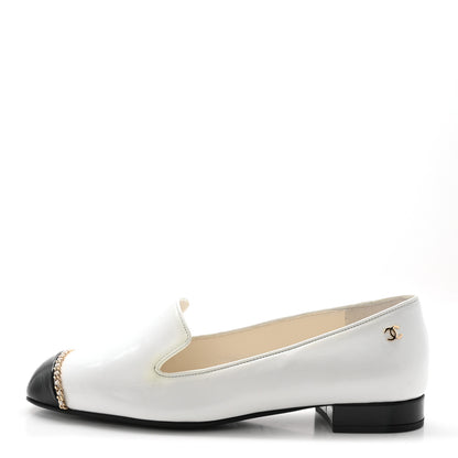 Chanel Patent Cap Toe Chain Moccasin Loafers 37 White Black 1 of 10