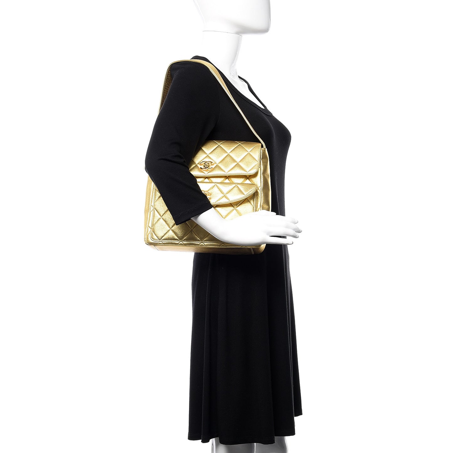 Metallic Lambskin Quilted Double Pocket Shoulder Bag Gold