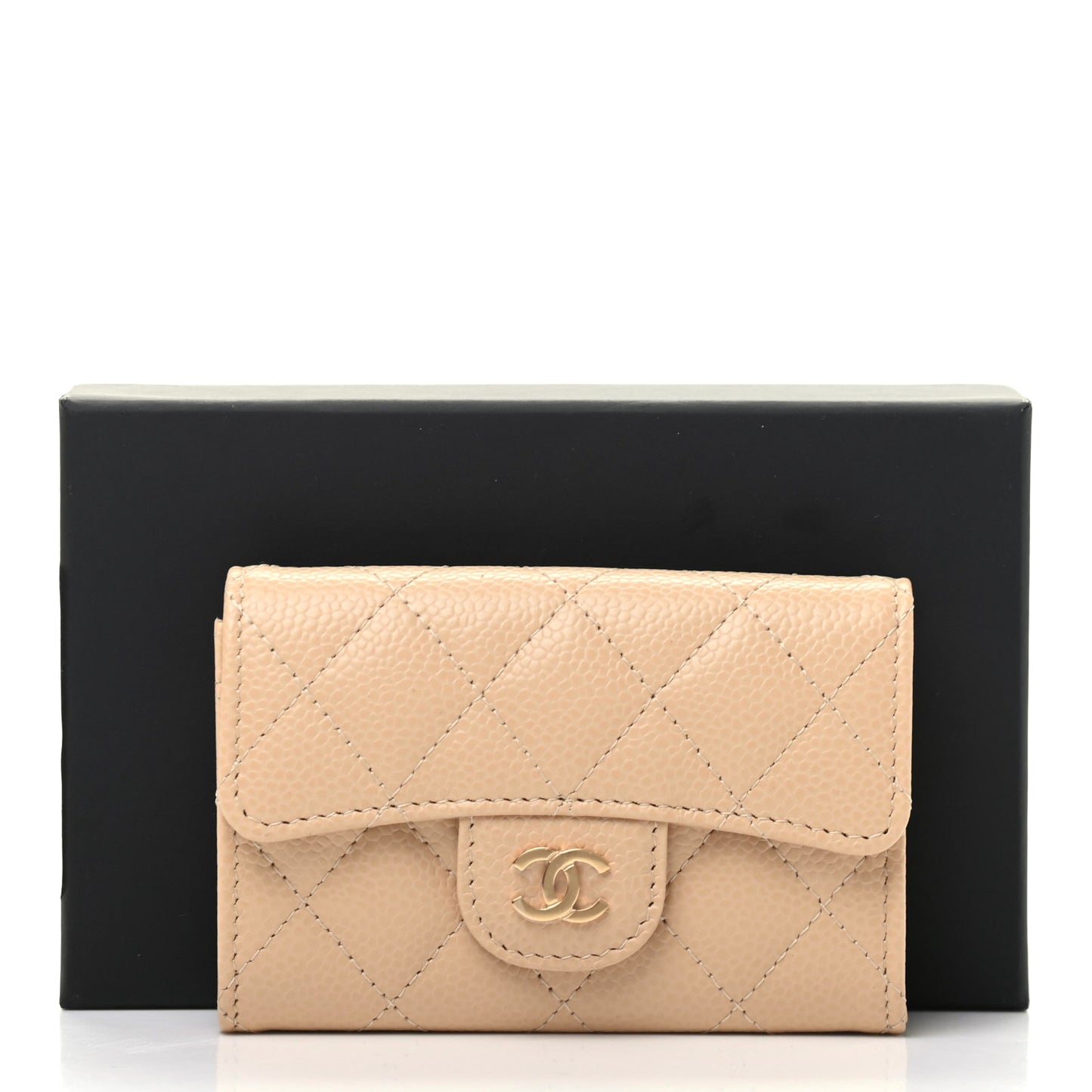Caviar Quilted Flap Card Holder Wallet Beige