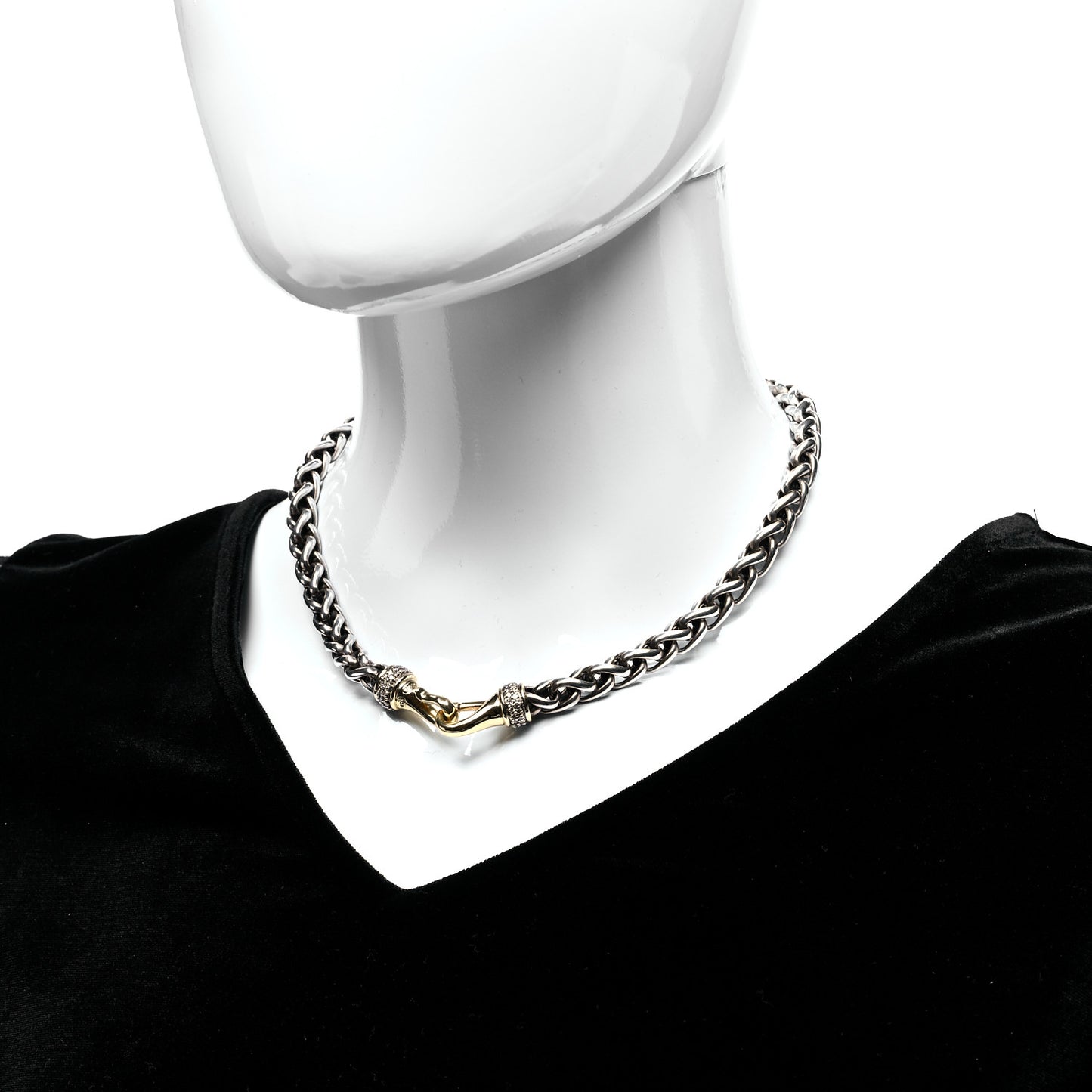 Sterling Silver 18K Yellow Gold Diamond 8mm Wheat Chain Necklace