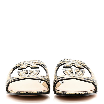 Gucci Calfskin Python Print Interlocking G Cut Out Slide Sandals 37.5 Beige Avana 2 of 8