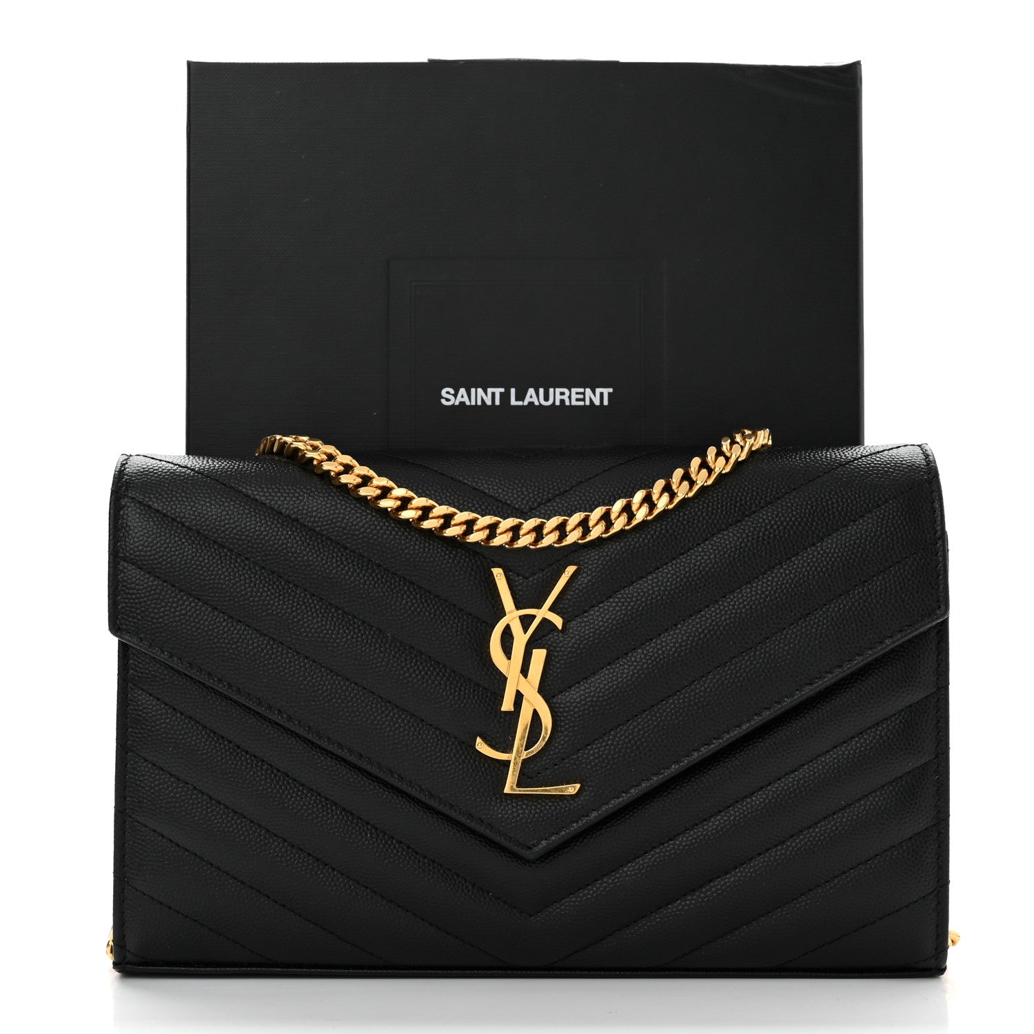 Saint Laurent Grain De Poudre Matelasse Chevron Monogram Chain Wallet Black 10 of 10