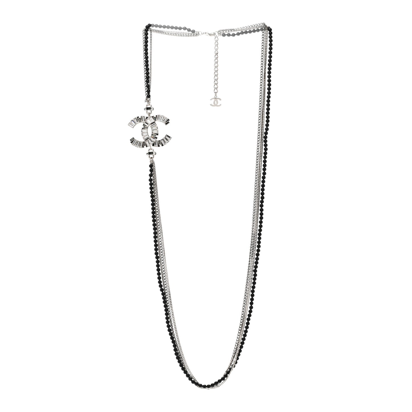 Metal Crystal Baguette Beaded CC Multi Strand Long Necklace Silver Black