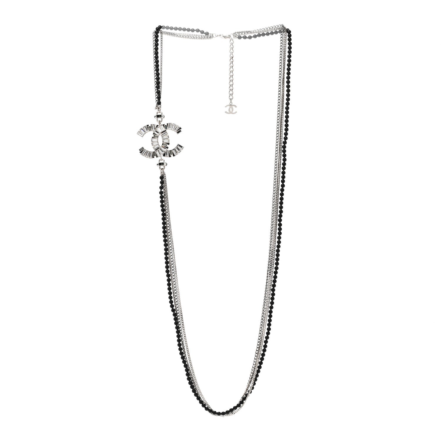 Chanel Metal Crystal Baguette Beaded CC Multi Strand Long Necklace Silver Black 1 of 7