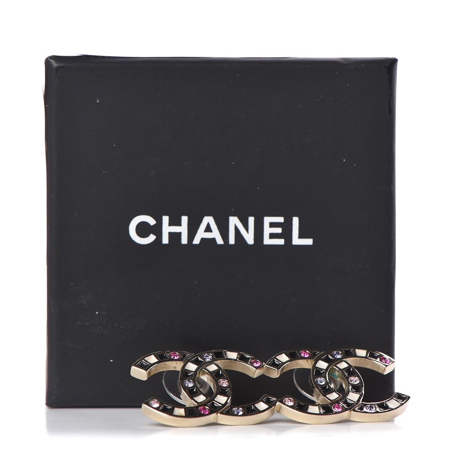 Chanel Crystal Enamel Large CC Earrings Gold Black White Pink 5 of 5