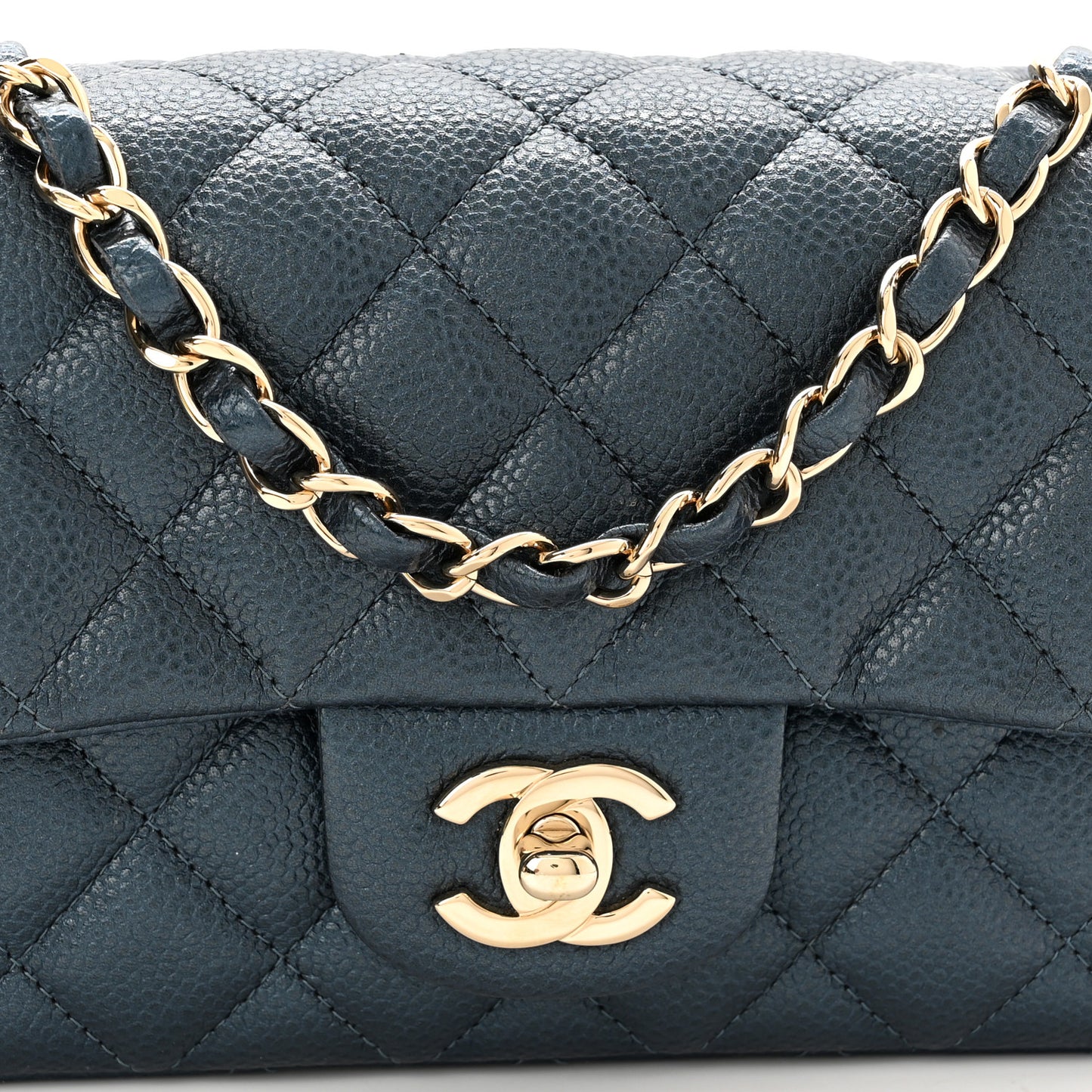 Iridescent Caviar Quilted Mini Rectangular Flap Dark Blue