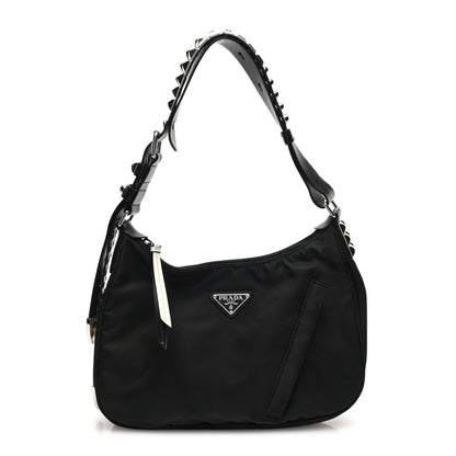 Prada Tessuto Nylon Studded New Vela Hobo Black White 1 of 11