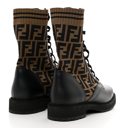 Fendi Calfskin Stretch Fabric FF Rockoko Biker Boots 39.5 Black Tobacco 4 of 8