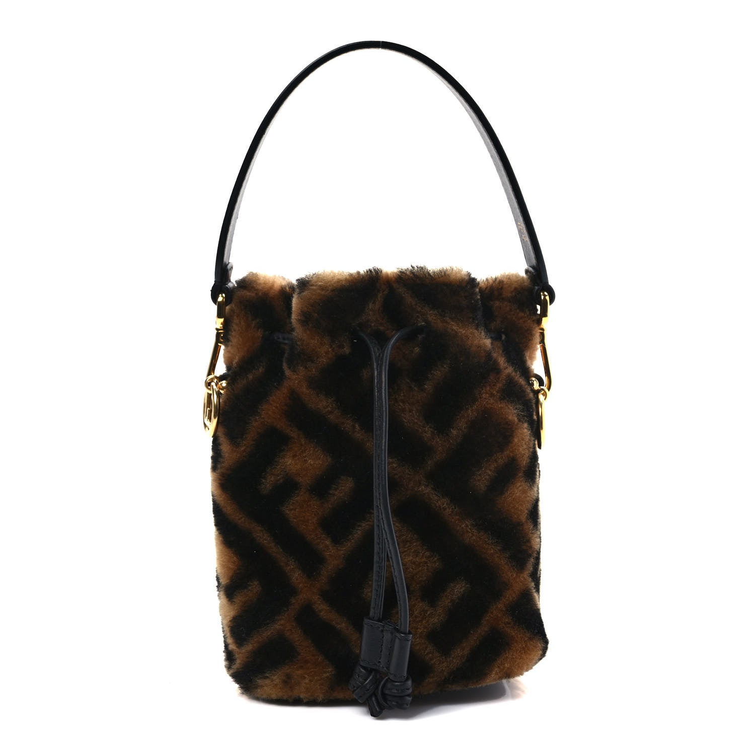 Fendi Shearling Vitello Dolce F is Fendi Macro FF 1974 Mini Mon Tresor Bucket Bag Tobacco Black 1 of 9