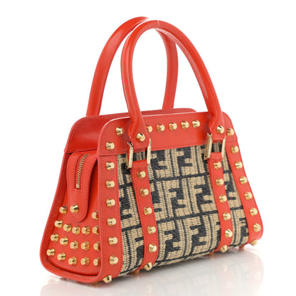 Fendi Raffia Calfskin FF Studded Satchel Orange 3 of 11