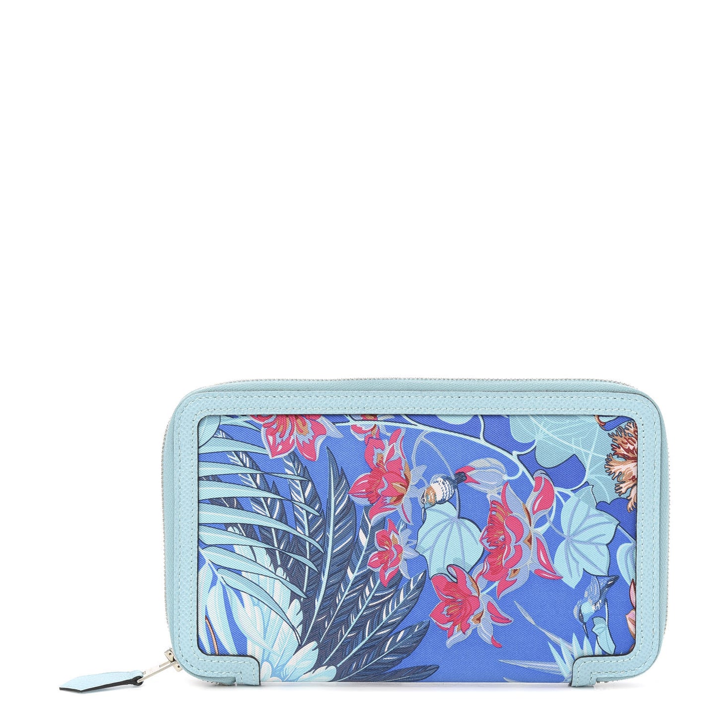 Epsom Printed Silk Flamingo Party Soie-Cool Wallet Mykonos Bleu Atoll