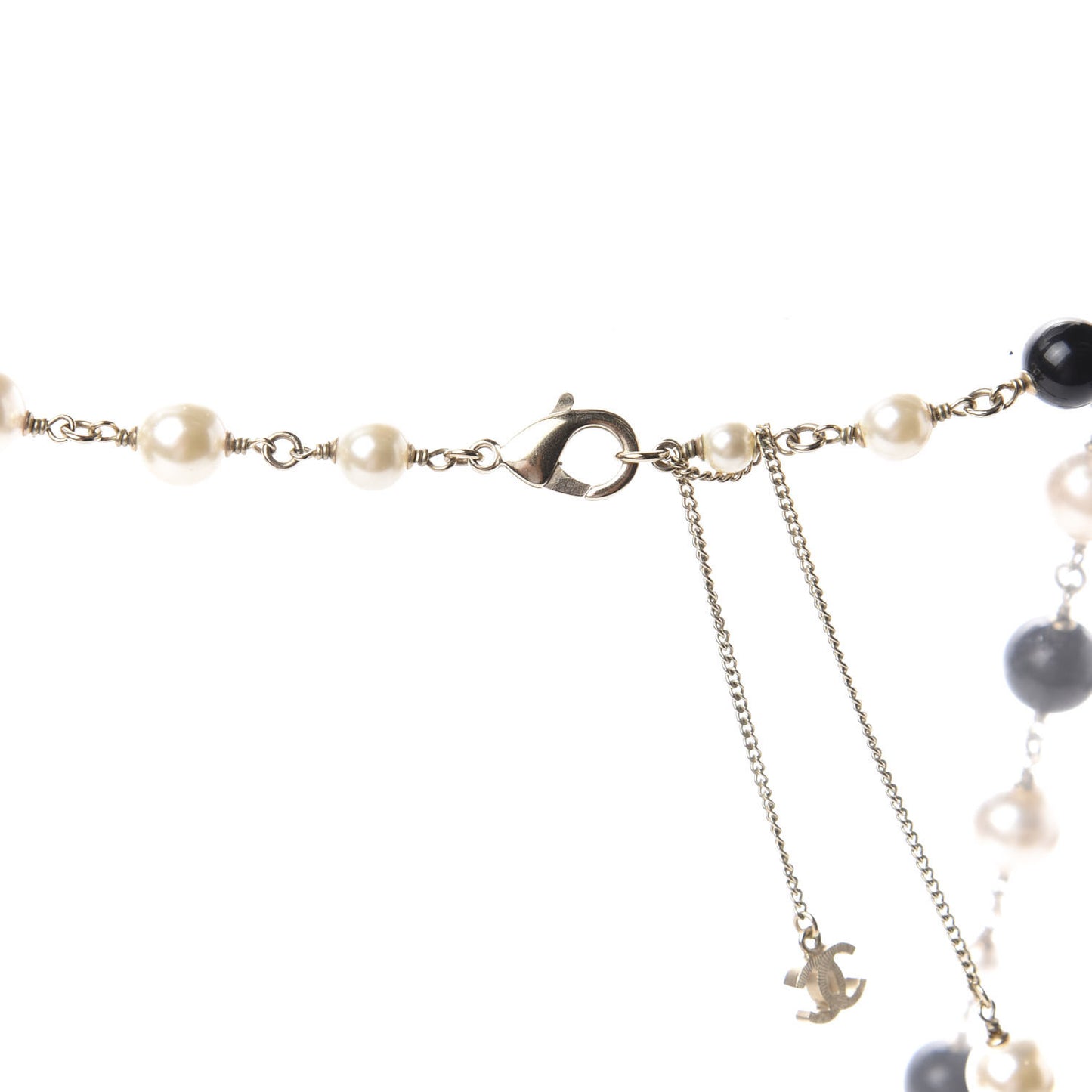 Pearl Beaded Crystal CC Long Necklace Gold Black White