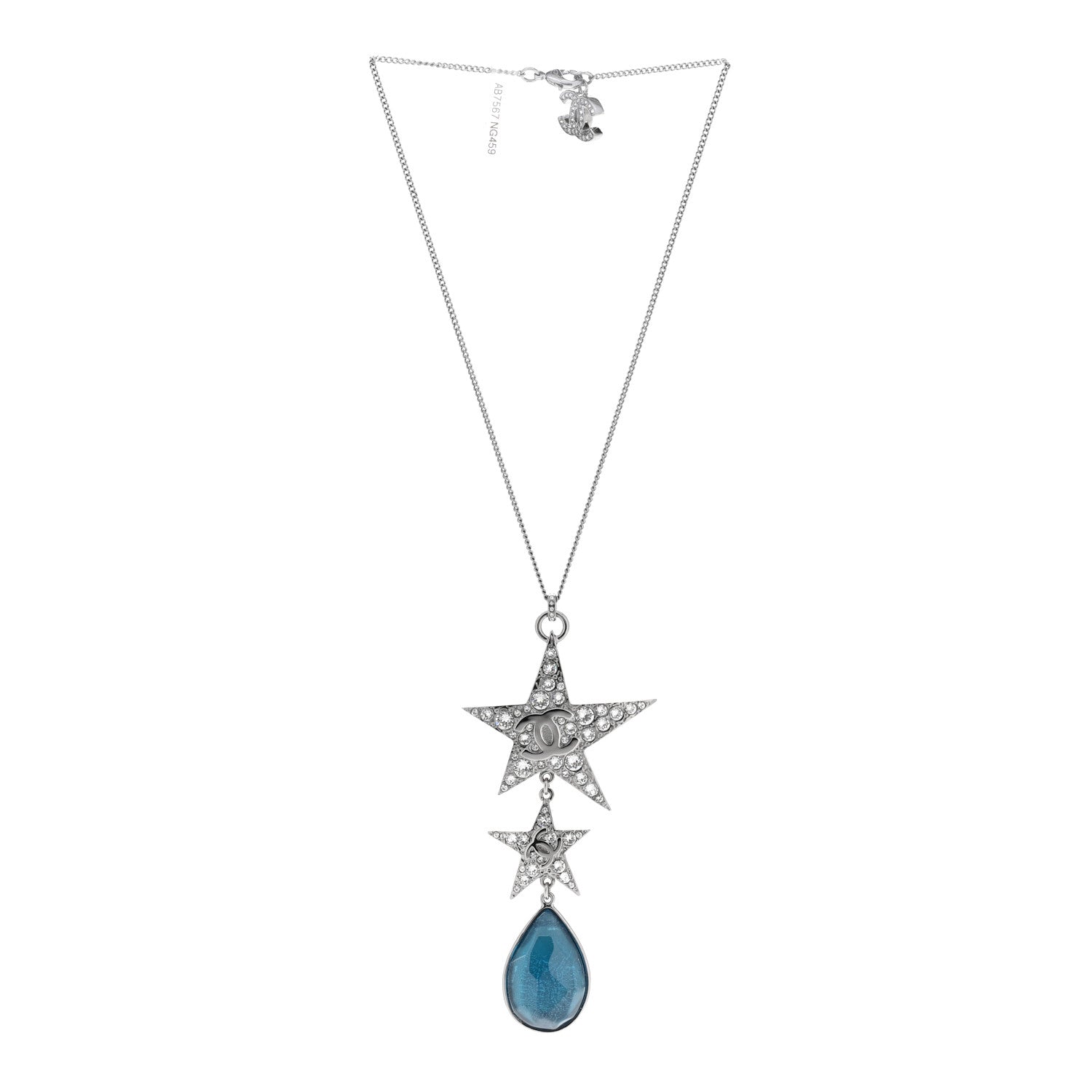 Chanel Crystal Resin CC Star Drop Necklace Silver Blue 3 of 6