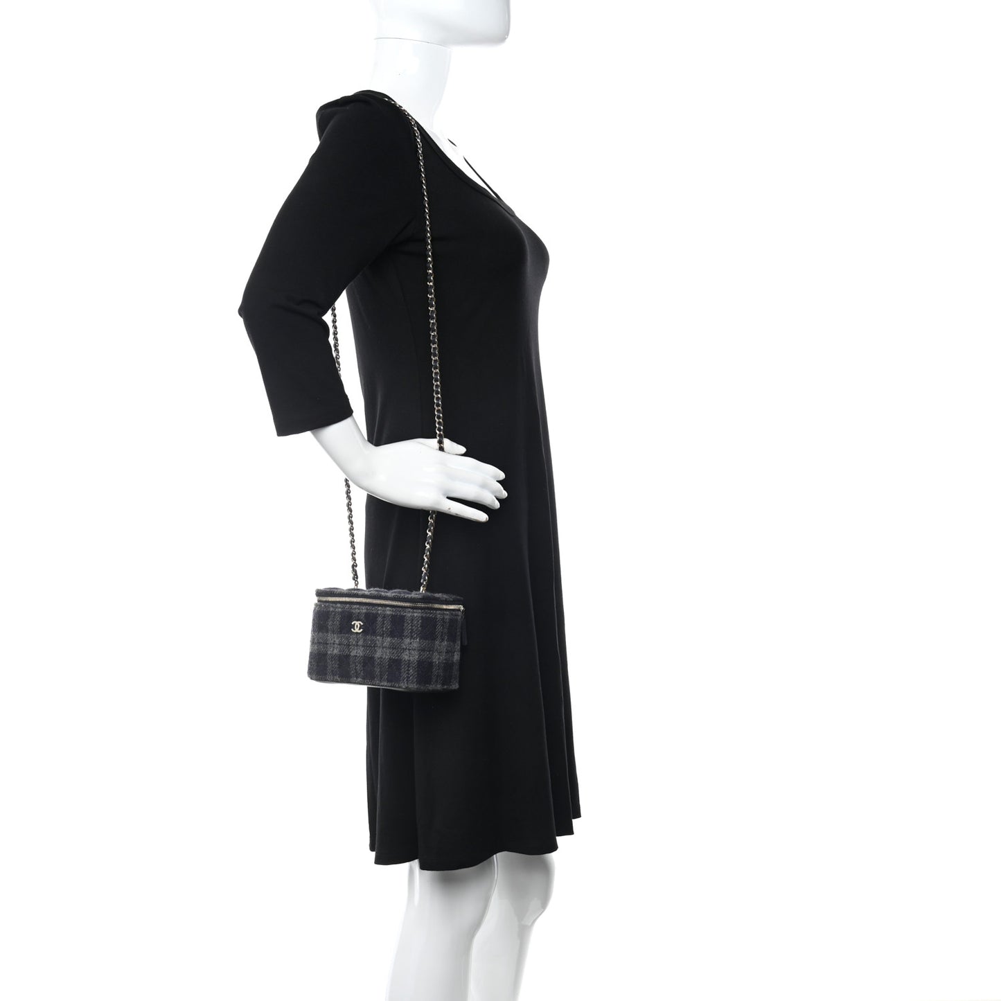 Wool Plaid Quilted Small Vanity Case With Chain Blue