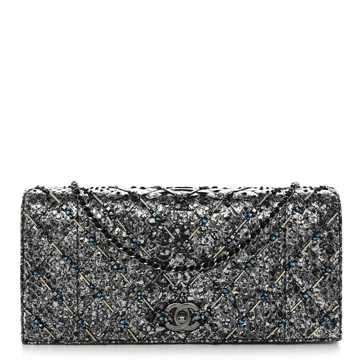 Chanel Metallic Snakeskin Quilted Beaded Chain Clutch Black Silver 2 of 23