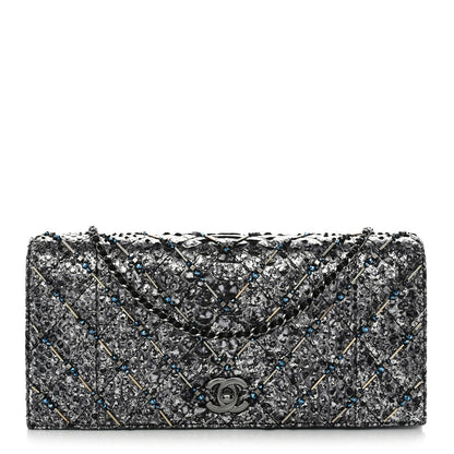 Chanel Metallic Snakeskin Quilted Beaded Chain Clutch Black Silver 2 of 23