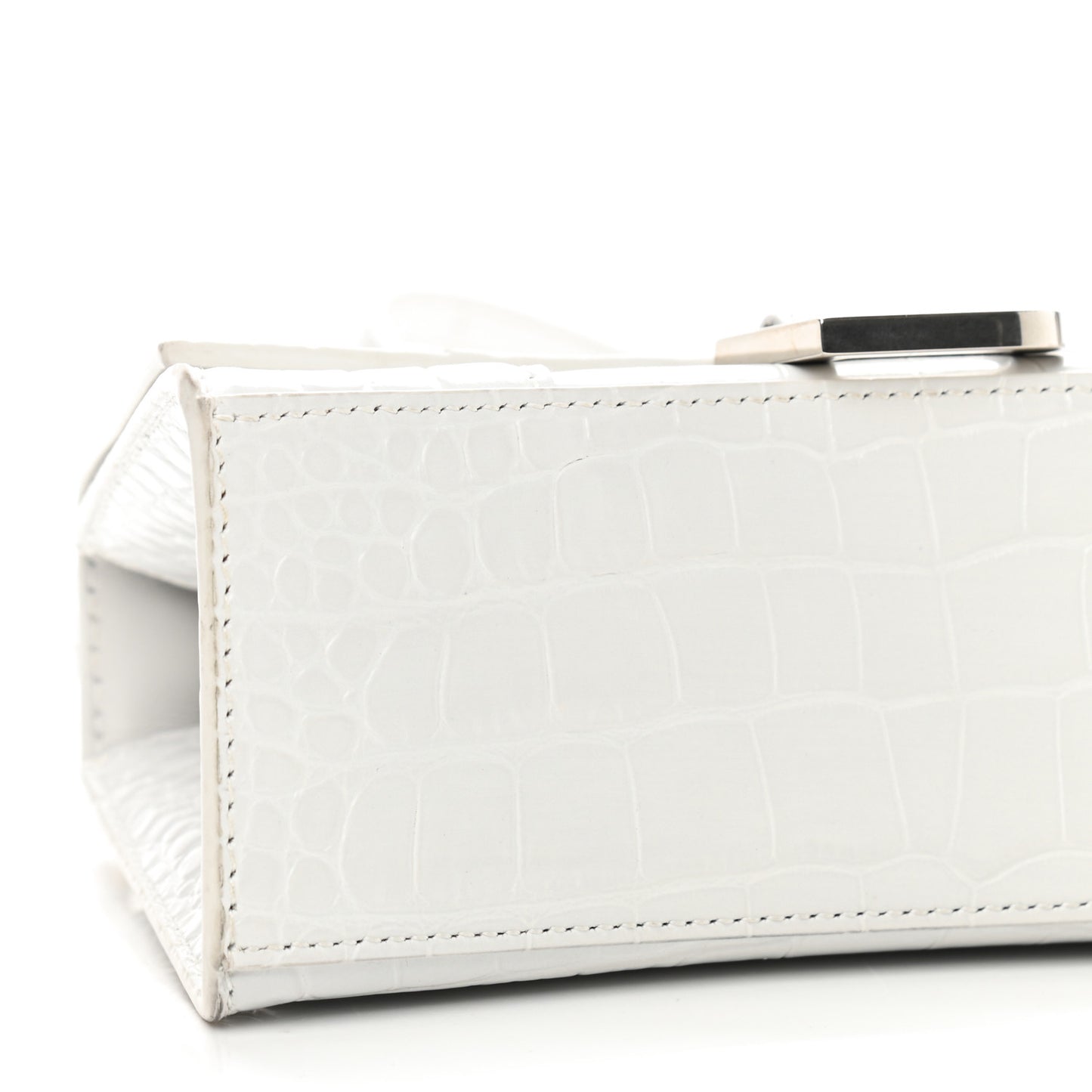 Shiny Calfskin Crocodile Embossed Hourglass Top Handle Bag XS White