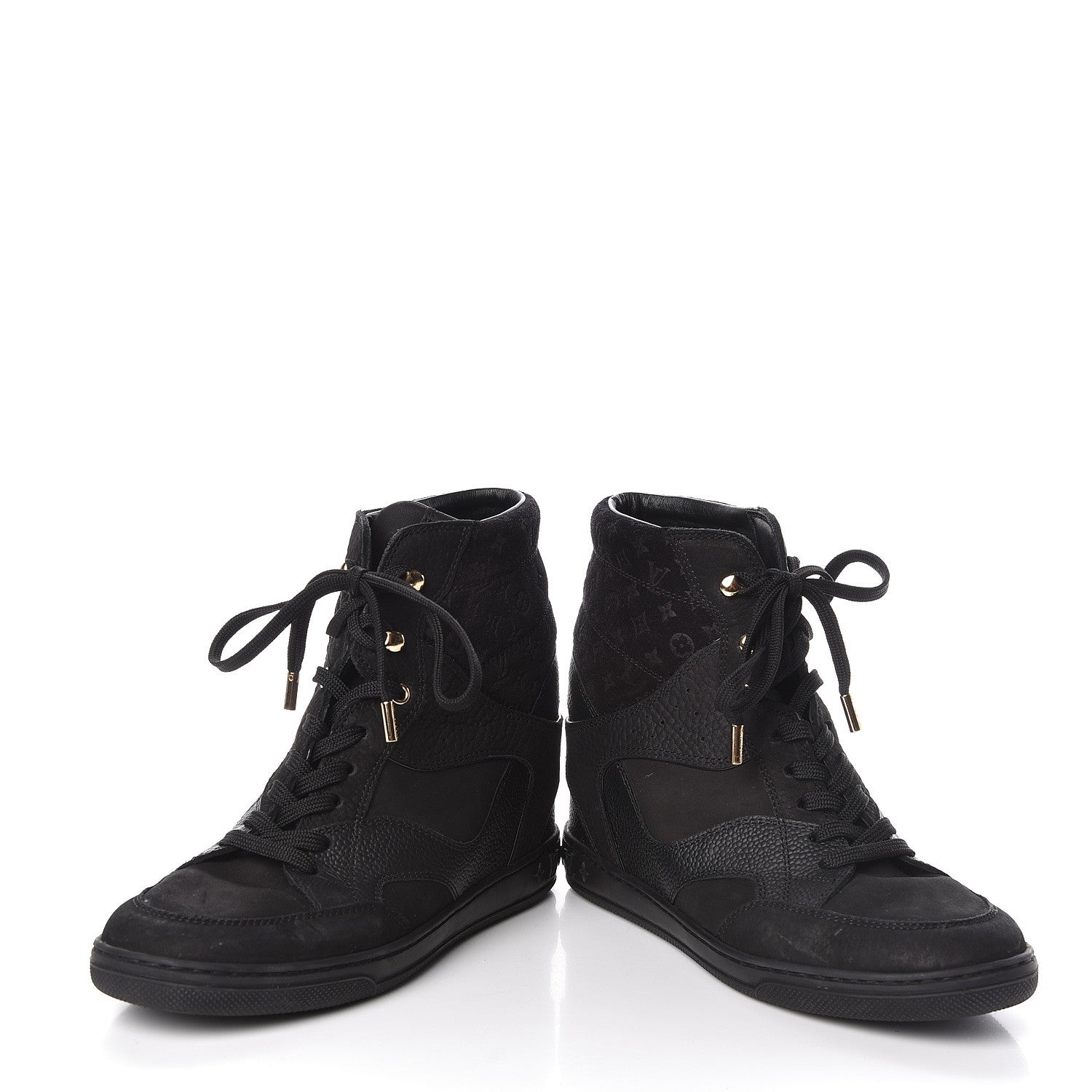 Louis Vuitton Calfskin Suede Monogram Cliff Top Wedge Sneakers 38 Black 6 of 10
