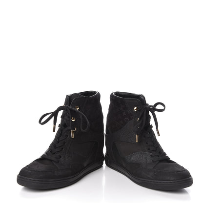 Louis Vuitton Calfskin Suede Monogram Cliff Top Wedge Sneakers 38 Black 6 of 10