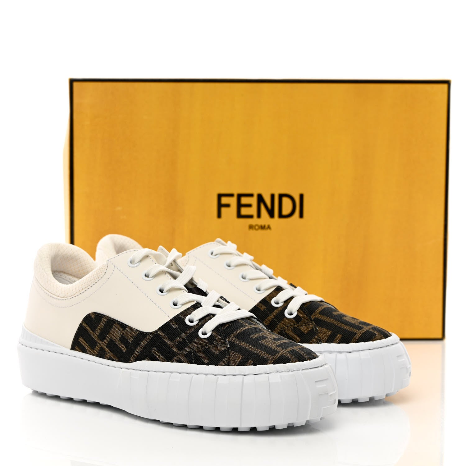 Fendi Fabric Jacquard Vitello Technical Fabric FF Womens Fendi Force Low Top Sneakers 38 Tobacco Black Ultrawhite White 12 of 12