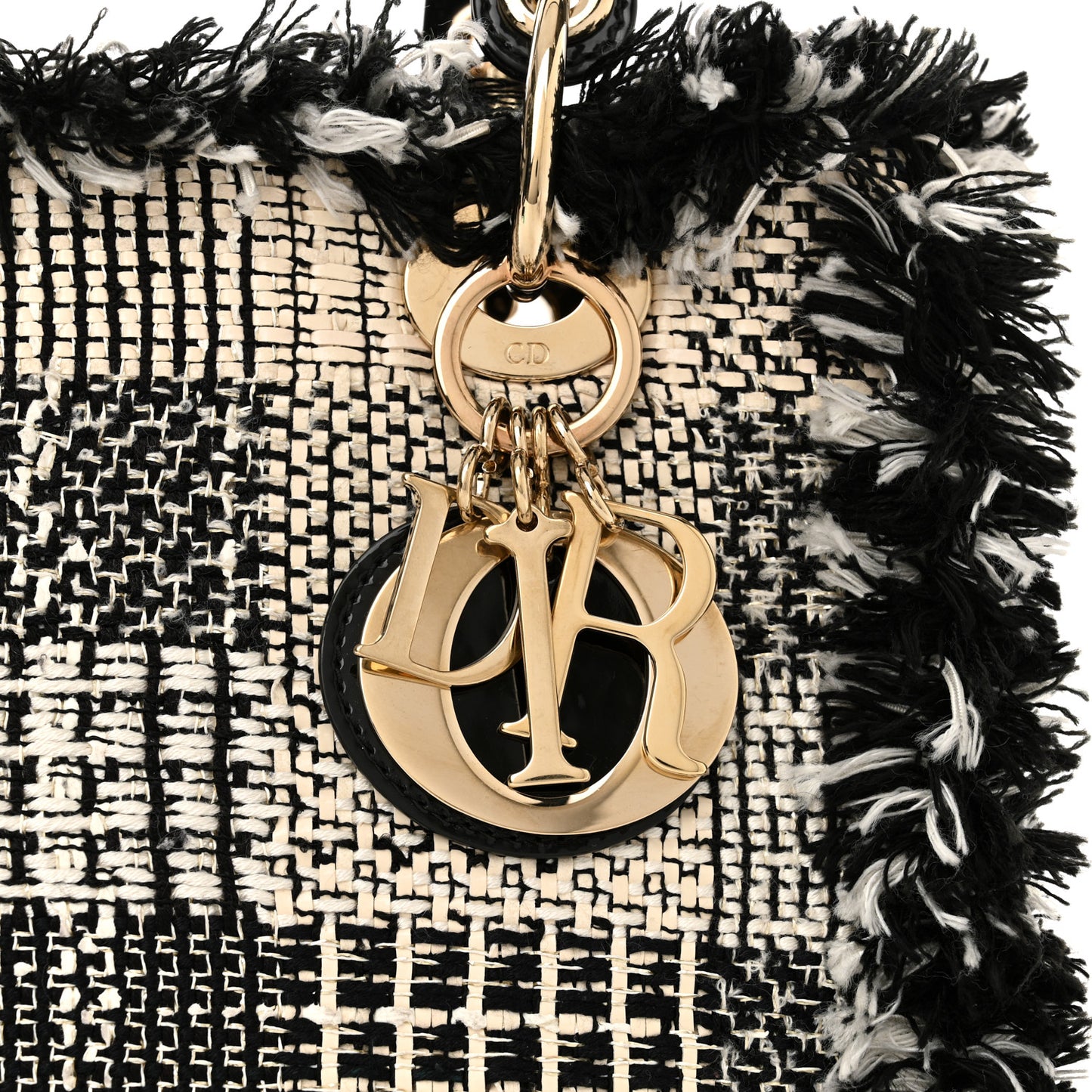 Tweed Fringe Medium Lady Dior White Black