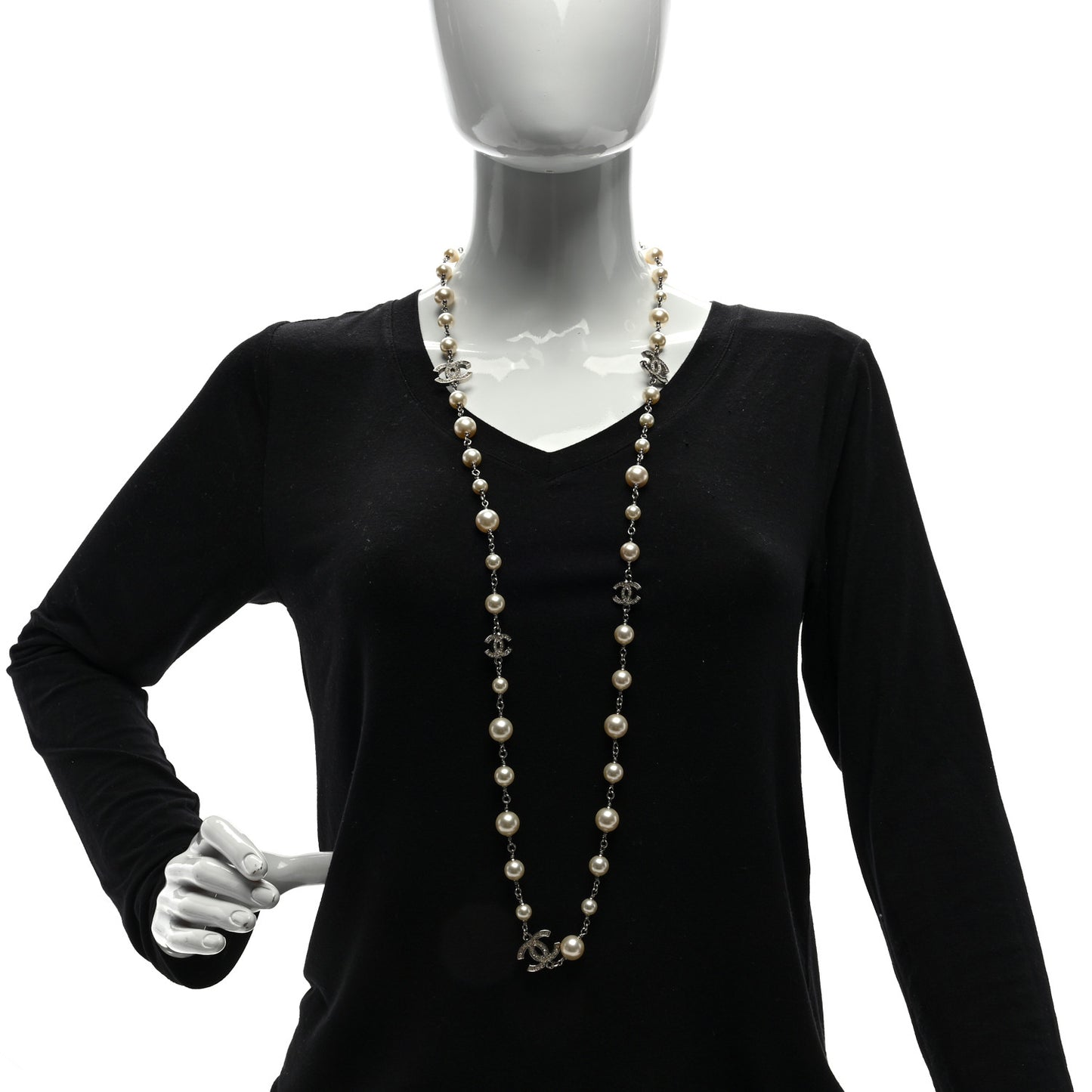 Crystal Pearl CC Long Necklace Silver