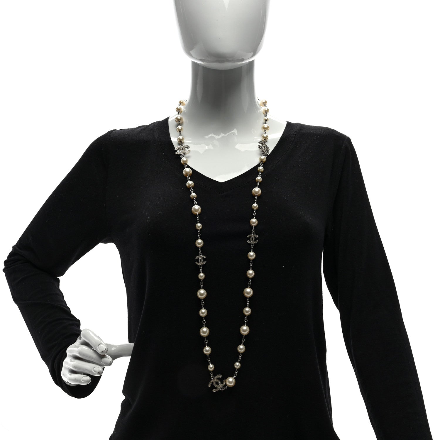 Chanel Crystal Pearl CC Long Necklace Silver 2 of 4