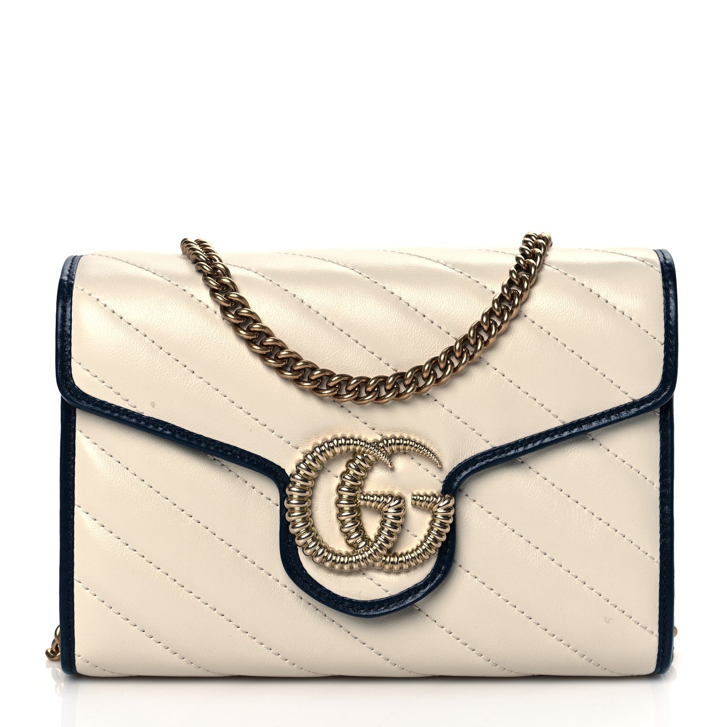 Vintage Effect Calfskin Matelasse Diagonal Torchon GG Marmont Chain Wallet Mystic White Blue Agata