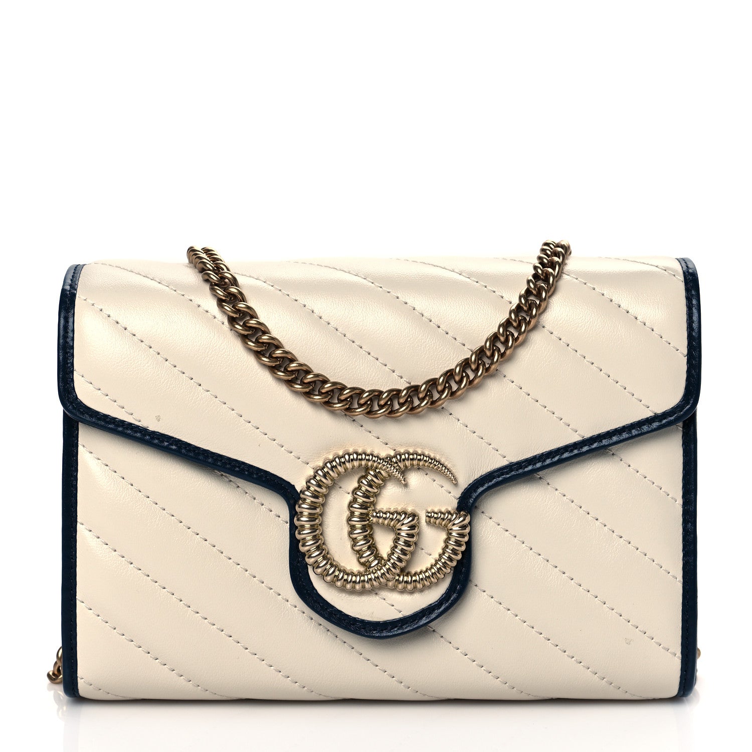 Gucci Vintage Effect Calfskin Matelasse Diagonal Torchon GG Marmont Chain Wallet Mystic White Blue Agata 1 of 10
