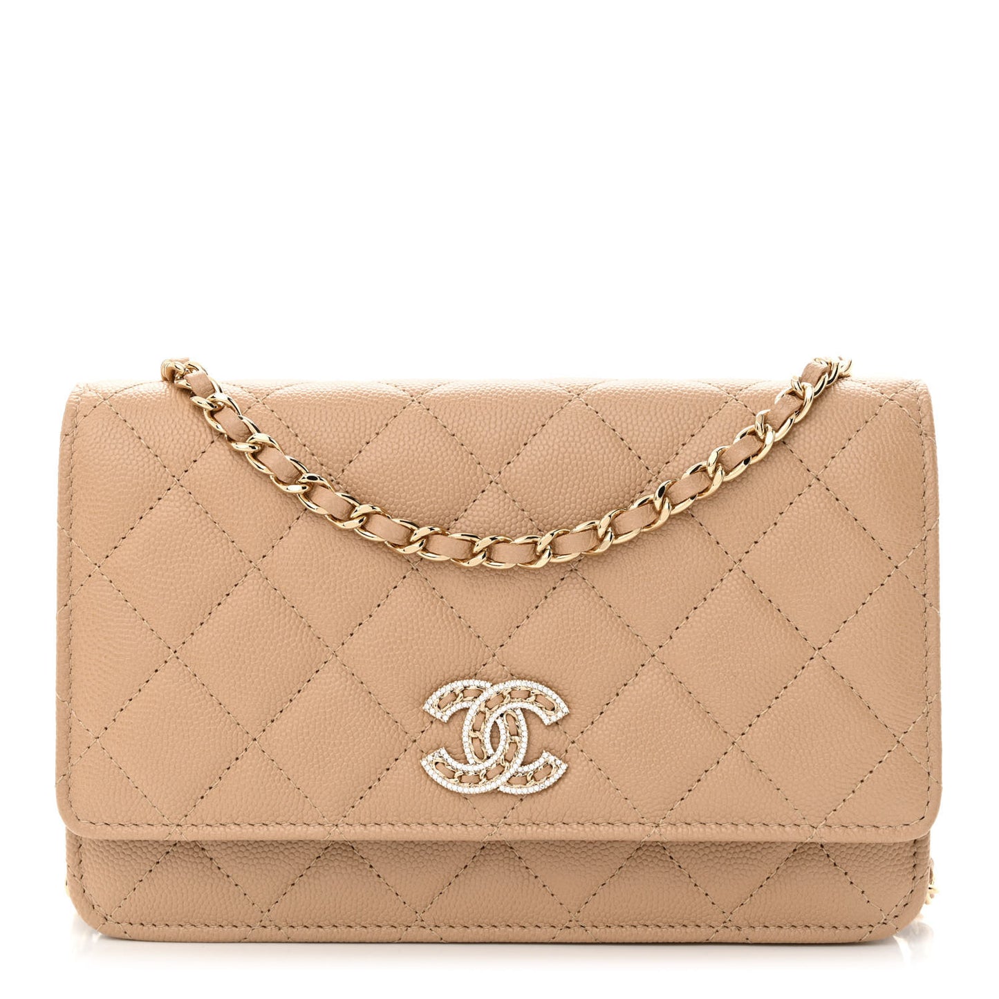 Caviar Quilted Crystal CC Wallet On Chain WOC Beige