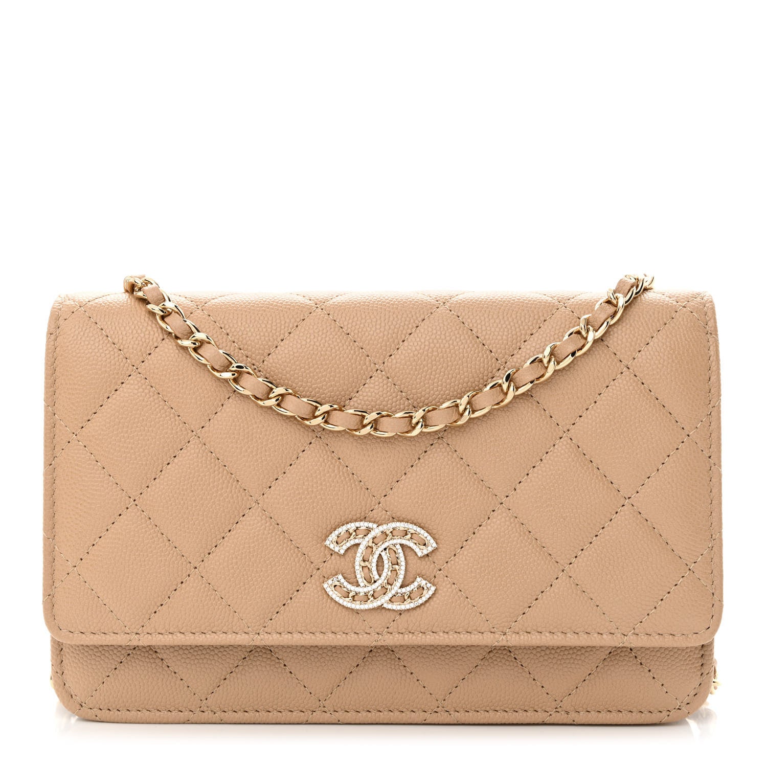 Chanel Caviar Quilted Crystal CC Wallet On Chain WOC Beige 1 of 13