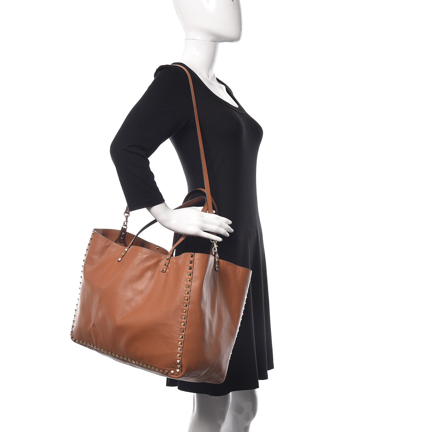Valentino Garavani Calfskin Canvas Patchwork Medium Rockstud Reversible Tote Brown 2 of 16