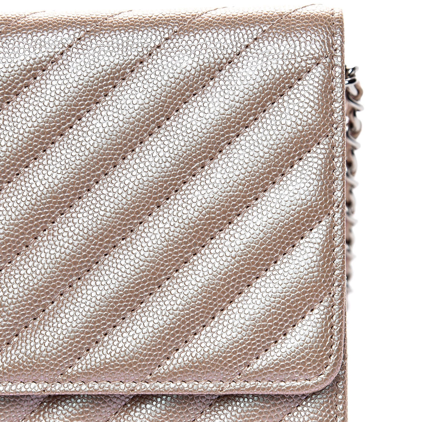 Metallic Caviar Chevron Quilted Wallet On Chain WOC Light Gold