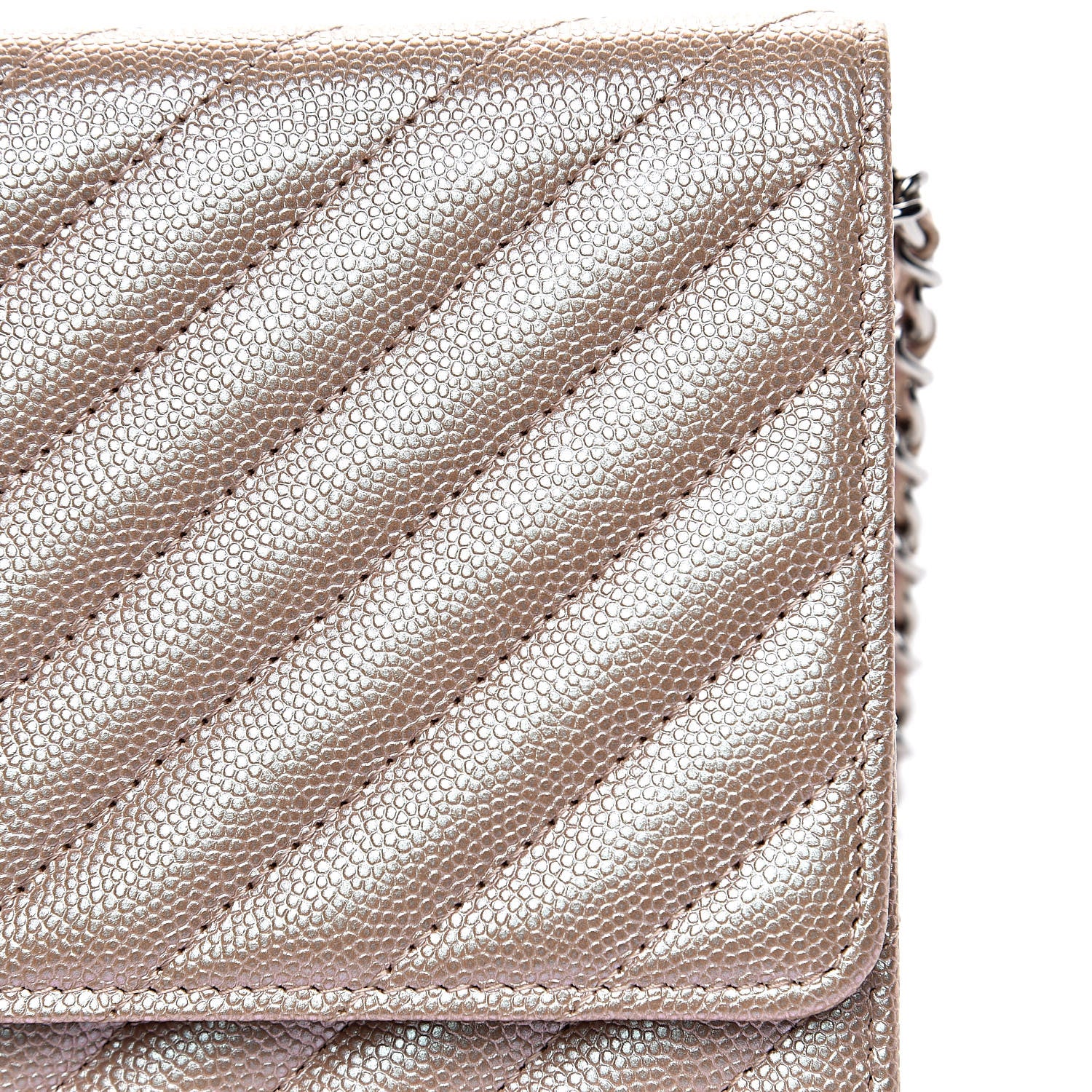 Chanel Metallic Caviar Chevron Quilted Wallet On Chain WOC Light Gold 11 of 14
