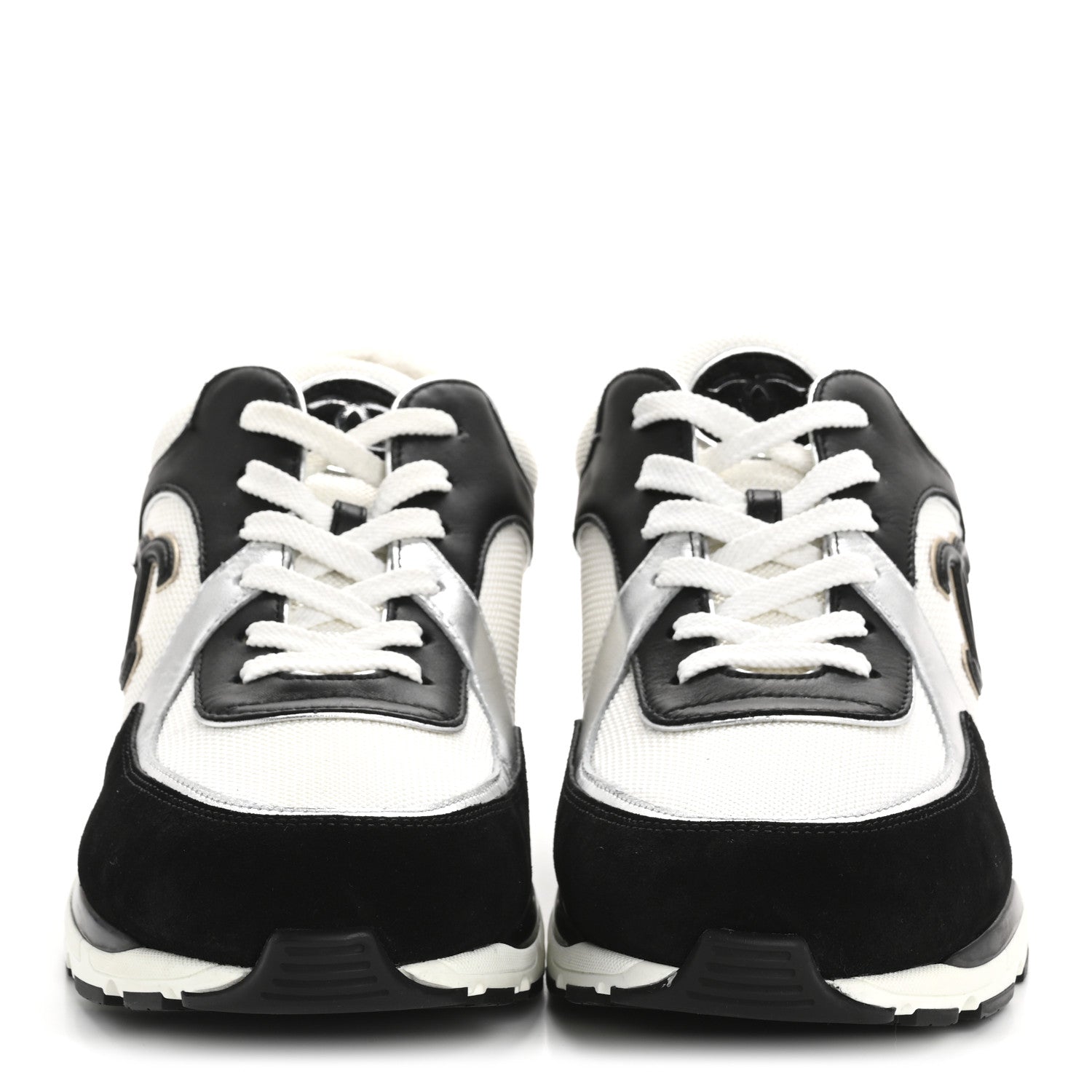 Chanel Mesh Suede Calfskin Mens CC Sneakers 45 White Silver Black 3 of 9