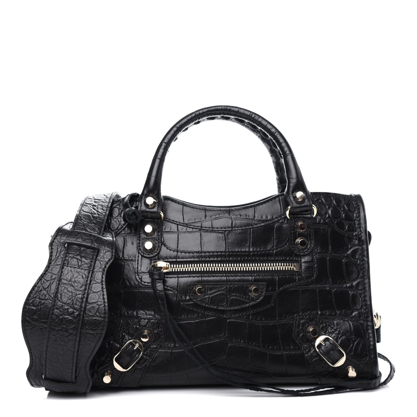 Calfskin Crocodile Embossed Classic SIlver Hardware Mini City Black