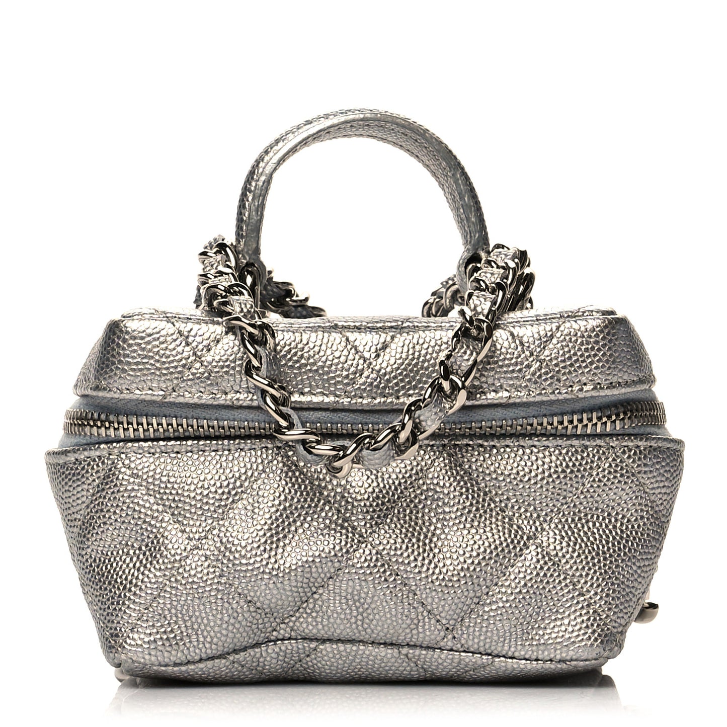 Metallic Caviar Quilted Mini Top Handle Vanity With Chain Silver