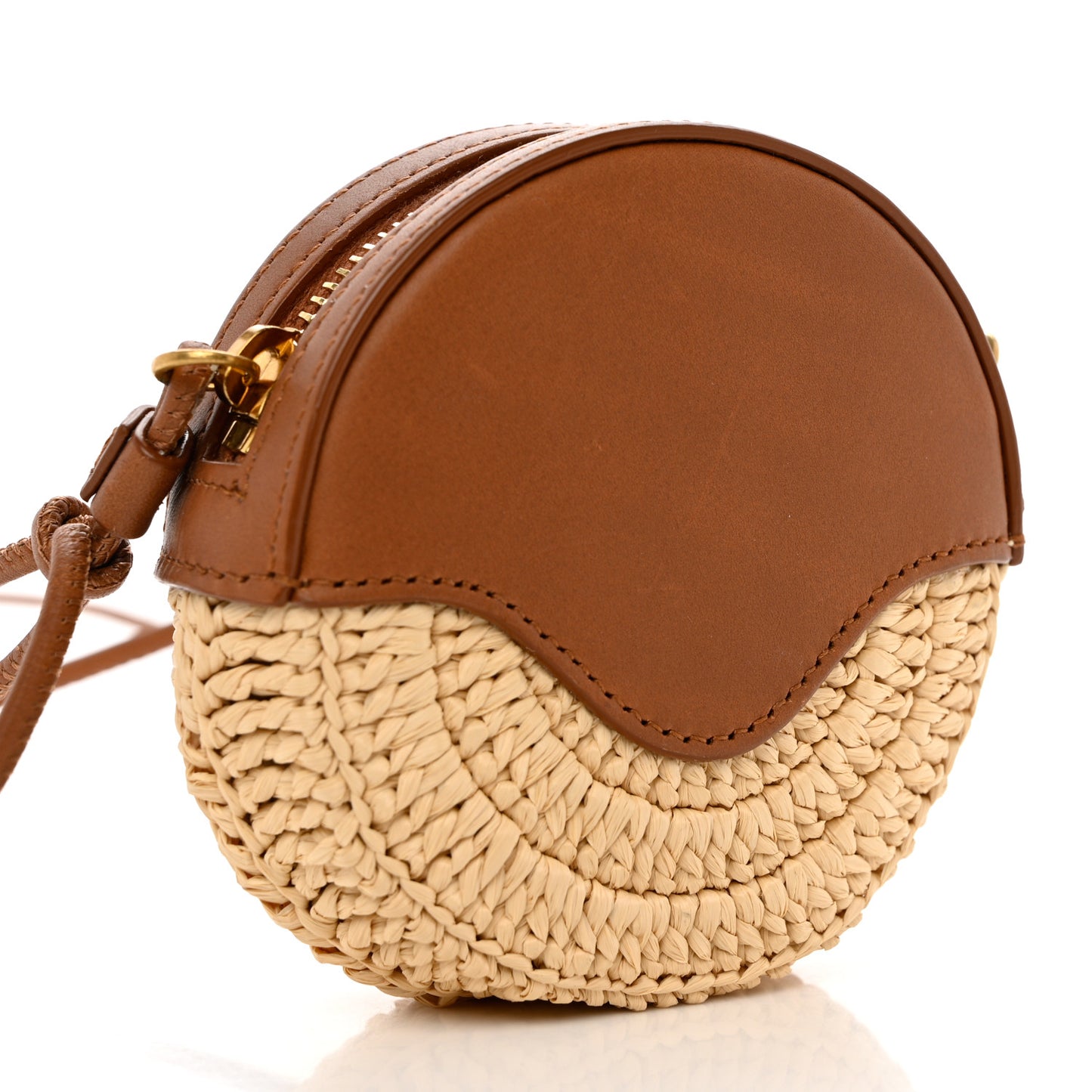Raffia Calfskin Round Mini Coin Pouch Beige Naturel Brick