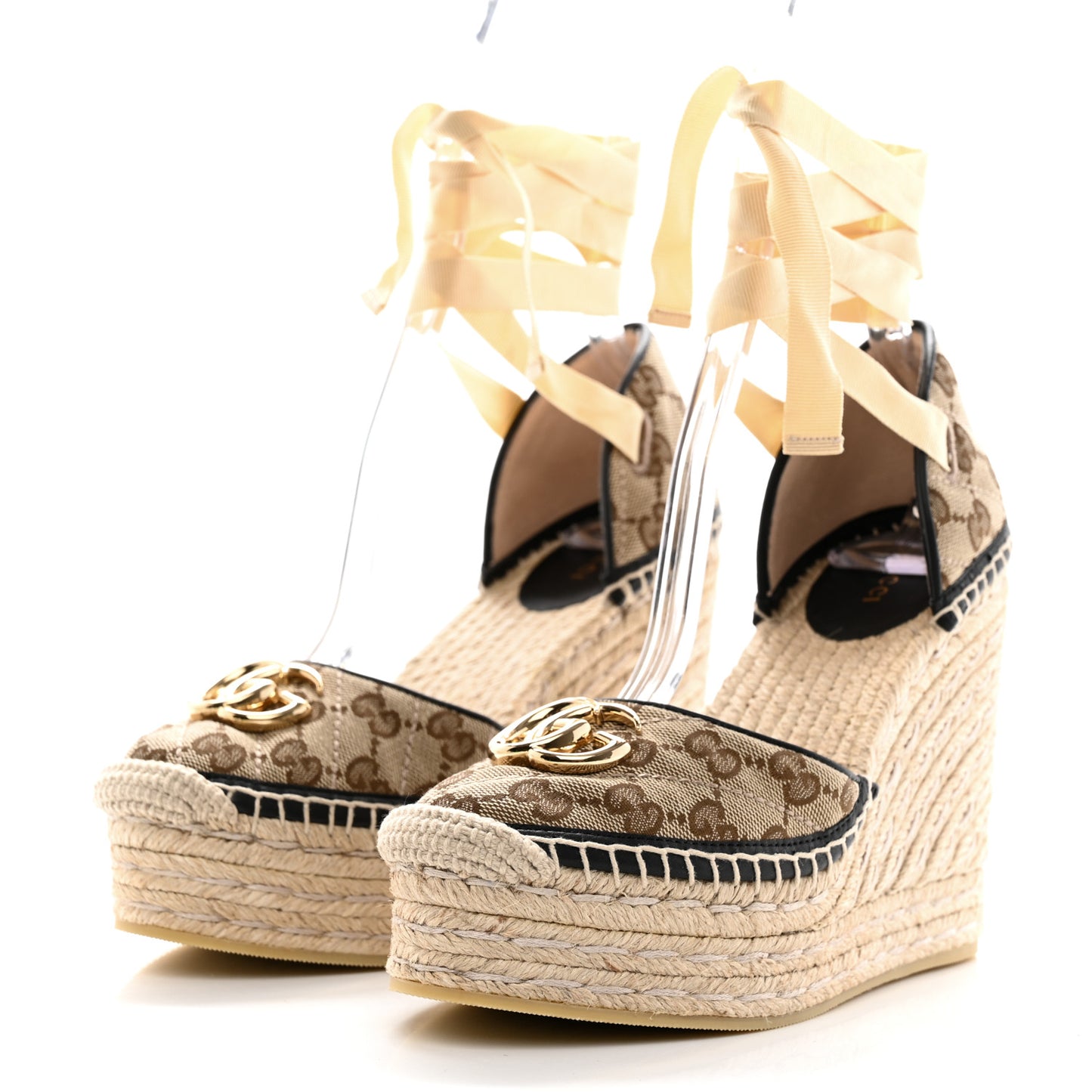 Monogram Matelasse GG Marmont Ankle Wrap Platform 35/120mm Espadrille Wedges 38.5 Beige Ebony Black Sand Storm